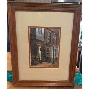 Framed Vintage Street Scene Art Print Wood Frame 13x16 Cottage Shop Decor